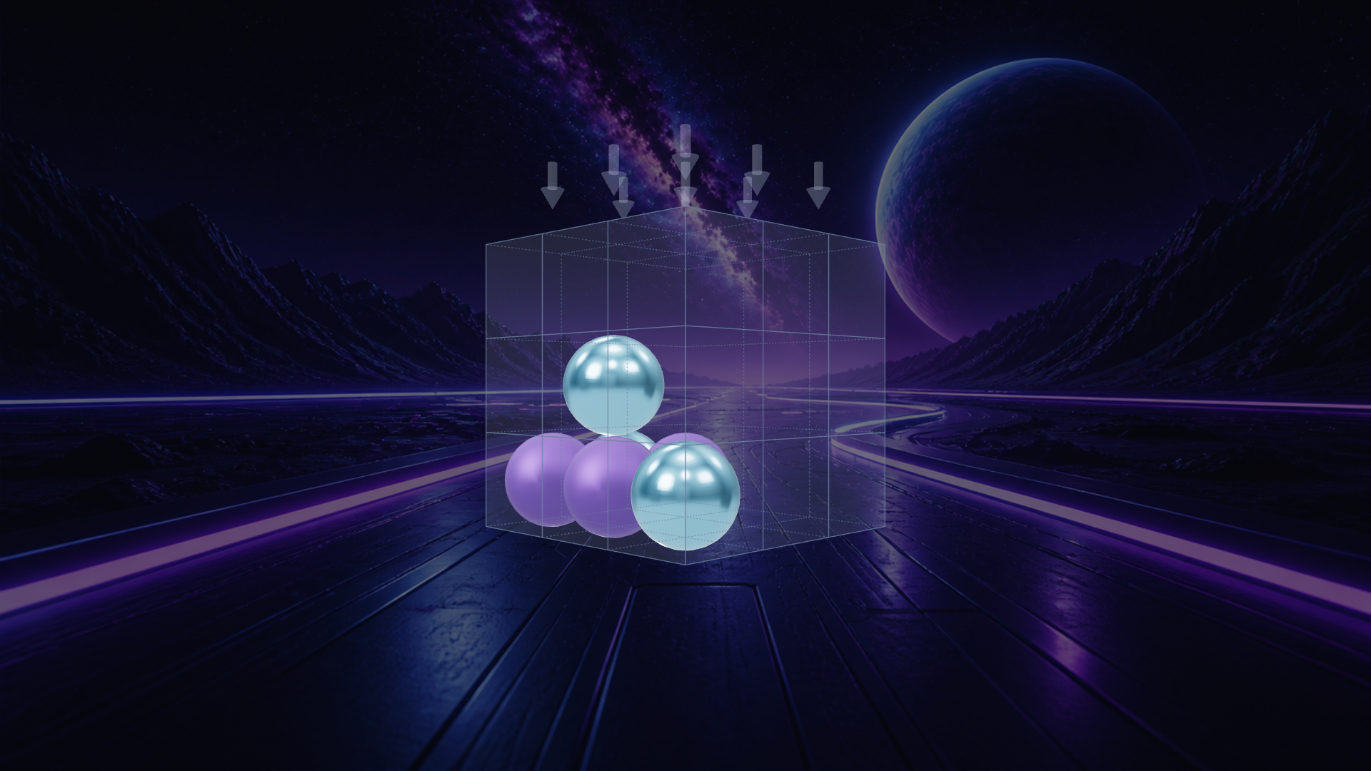 Tiltrio gameplay: a translucent 3×3×3 cube with lavender and sky-blue spheres inside, set against a deep-space backdrop.