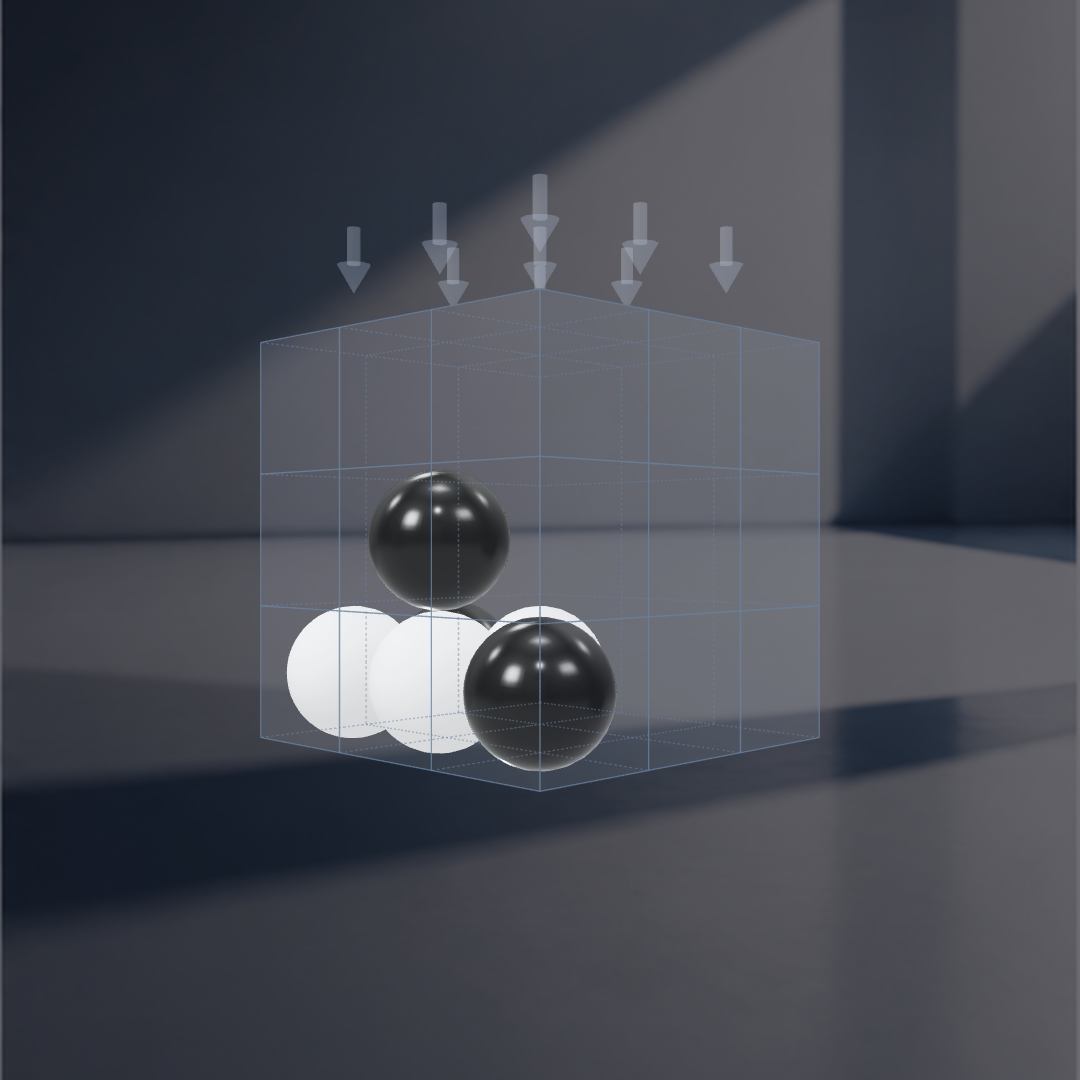 Minimal theme: white matte and black glossy spheres in a studio-lit grey concrete environment.