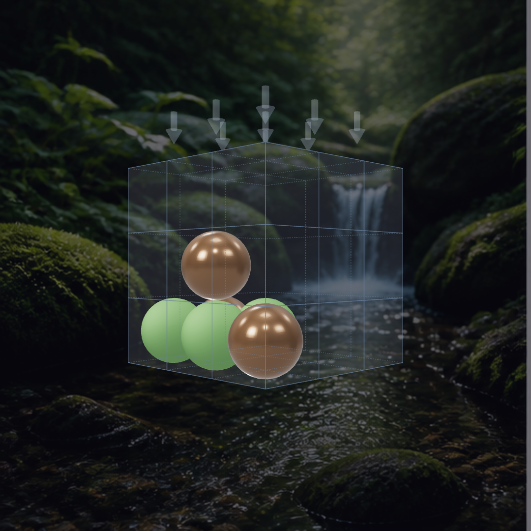 Natural theme: forest green and earth brown spheres in a mossy forest with a waterfall.