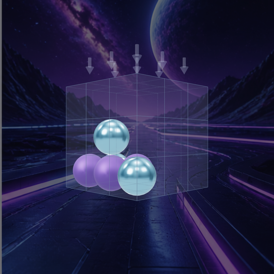 Sci-fi theme: lavender and sky-blue spheres against a deep purple space backdrop with a distant planet.